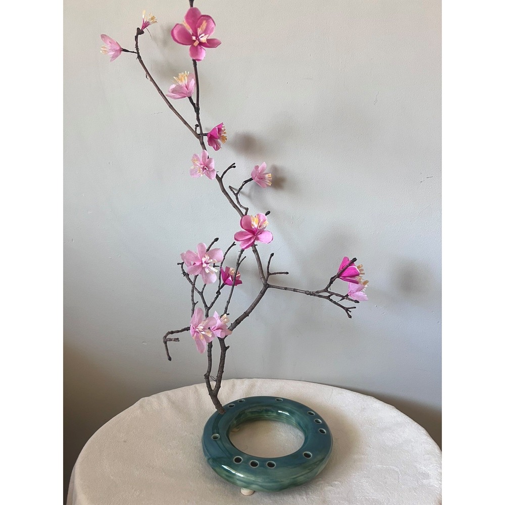 Pottery Ikebana Ring Vase Artist Signed Natural Minimalist Blue Green MCM